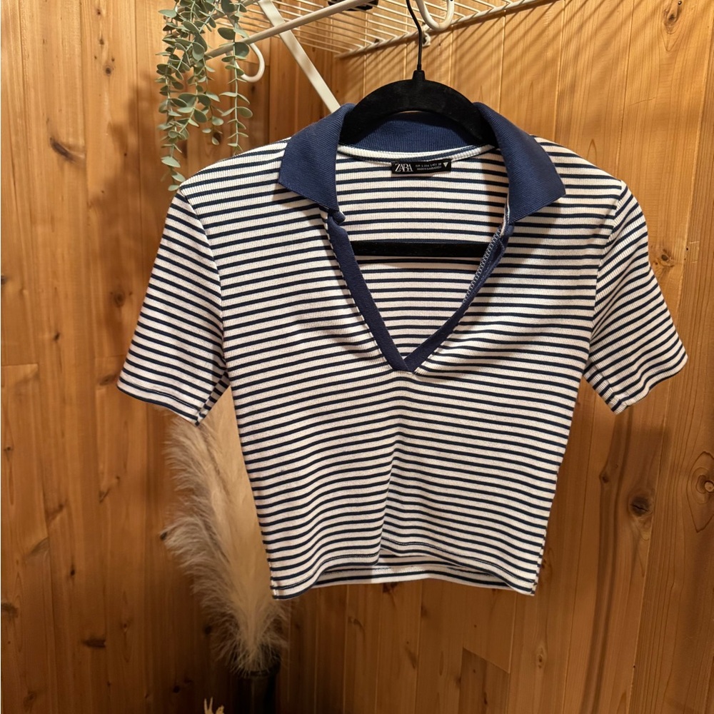Zara Navy and White Striped Collar Shirt